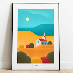 Retro Vermont Travel Poster Wall Art Print, Quaint Town and Church Scene Artwork for Living Room, New England State Decor Gift