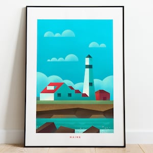 Póster de Maine, impresión de viaje, estilo vintage, arte de Maine, decoración retro para el hogar, póster estatal, arte de pared retro de Maine, impresión de EE. UU., faro de Maine, océano Atlántico