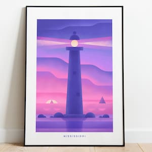 Póster de Mississippi, impresión de viaje, estilo vintage, arte de Mississippi, decoración retro para el hogar, póster estatal, arte de pared de la costa del Golfo, impresión de faro, atardecer, cielo