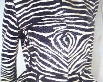 1980s Travilla Sequined Zebra Print Peplum Evening Jacket