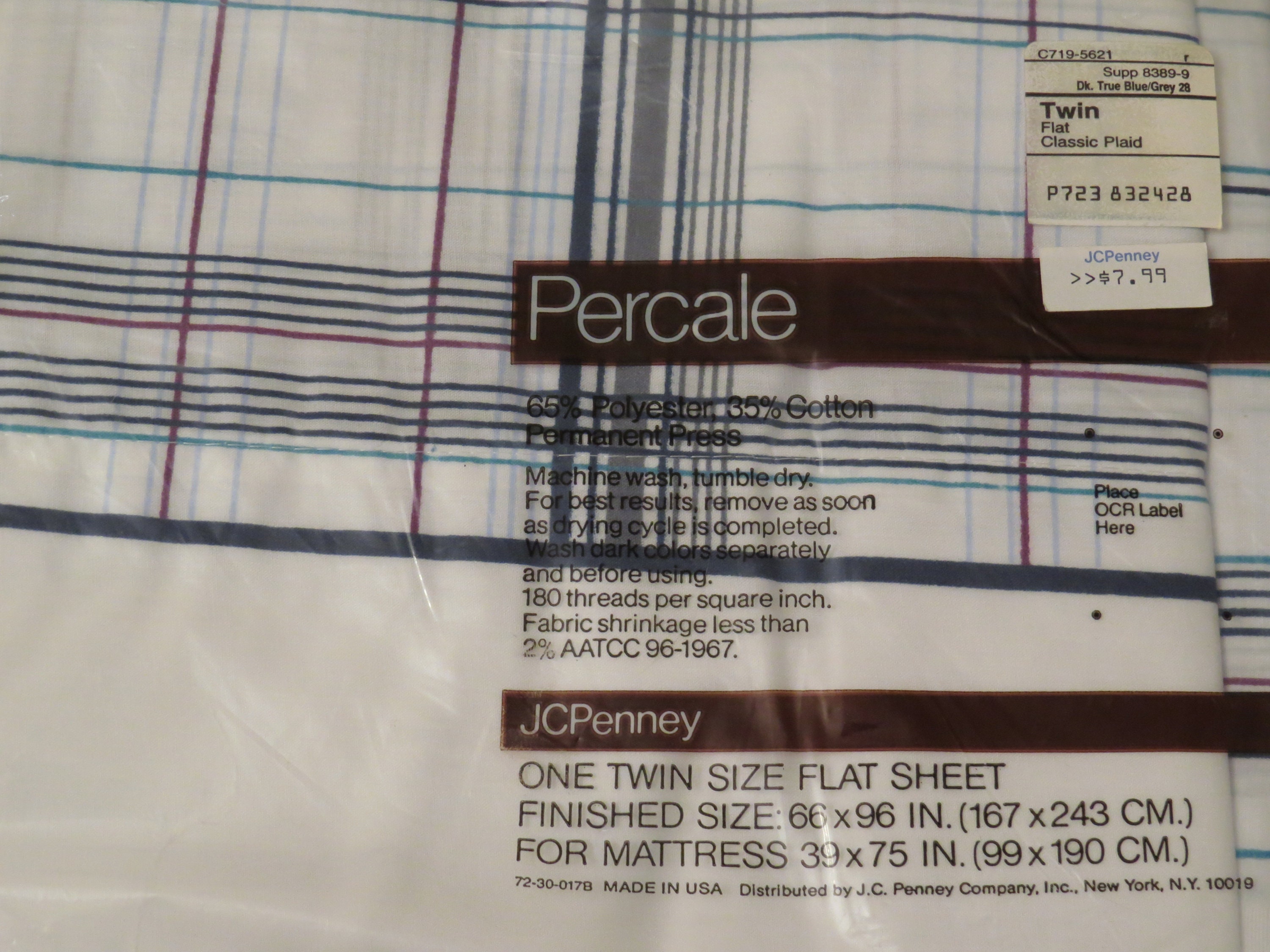 Vintage JCPenney Classic Plaid twin flat sheet -New in package