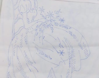 Vintage DIY Woman with flowers Dresser Scarf stamped for embroidery -New with packaging