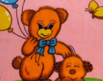 Vintage Teddy Bear and puppy plush blanket