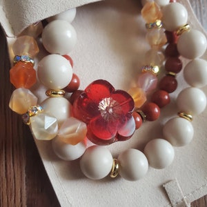 Red Jasper, Carnelian and Fossil Jasper Gemstone Stretch Bracelet Trio