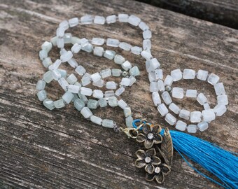 Aquamarine and Moonstone Hand-Knotted Mala Bead Necklace