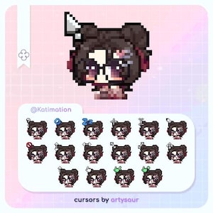 May include: Pixel art cursor set featuring a character with dark hair, glasses, and various expressions. The set includes cursors with icons like a sleep symbol, a plus sign, and a pencil. The text "cursors by artysaur" is visible.