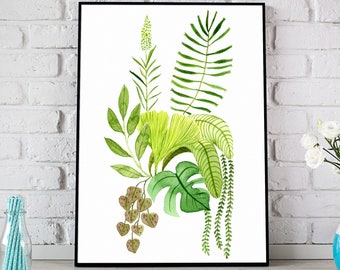 Tropical Leaves Print, Botanical Print, Botanical Poster, Botanical Art, Watercolor Leaf, Green Leaf Print, Watercolour Leaf, Botanical Gift