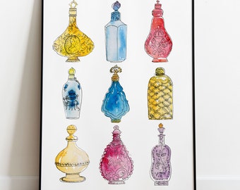 Impression de parfum, bouteilles de parfum, affiche de parfum, parfums vintage, impression de Grasse, impression de parfums, art mural parfum, illustration de parfum