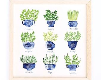 Impression d'herbes, affiche d'herbes, impression d'herbes aromatiques, art d'herbes, impression de cuisine, herbes d'aquarelle