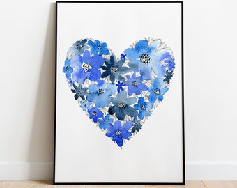 Impression coeur, Affiche Coeur, Impression Amour, Coeur Fleur Bleue, Affiche Coeur Floral Bleu, Cadeau de Cœur, Illustration de Cœur, Décor de Cœur, Art du Coeur