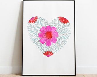 Impression de cœur de fleur, affiche de cœur, impression d’amour, cœur de fleur rose, art mural de cœur, cadeau de cœur, illustration de cœur, décor de cœur, art de cœur