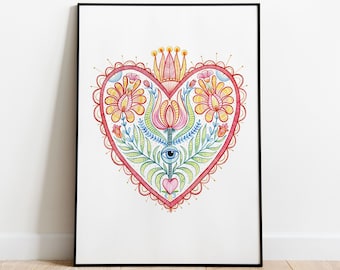 Affiche Flower Heart, Heart Gift, Folk Heart Print, Heart Print, Flower Heart, Heart Illustration, Milagros Heart, Mexican Heart, Folk Heart