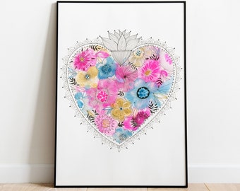 Milagros Heart, Coeur mexicain, Affiche Coeur, Cadeau de Coeur, Empreinte Coeur, Art du Cœur, Cadeau pour Petite Amie, Cadeau d’Amour, Illustration du Coeur