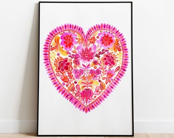 Cœur Cottagecore, Affiche Coeur, Empreinte Coeur, Affiche Coeur Fleurs Rose, Cadeau de Cœur, Impression Cœur Folklorique, Cœur de Fleur, Illustration de Coeur