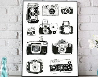 vintage Camera Print, Black vintage Cameras Poster, Décor de bureau, Décor d’appareil photo vintage, Cadeau pour lui, Art de bureau à domicile, Cadeau de fête des pères