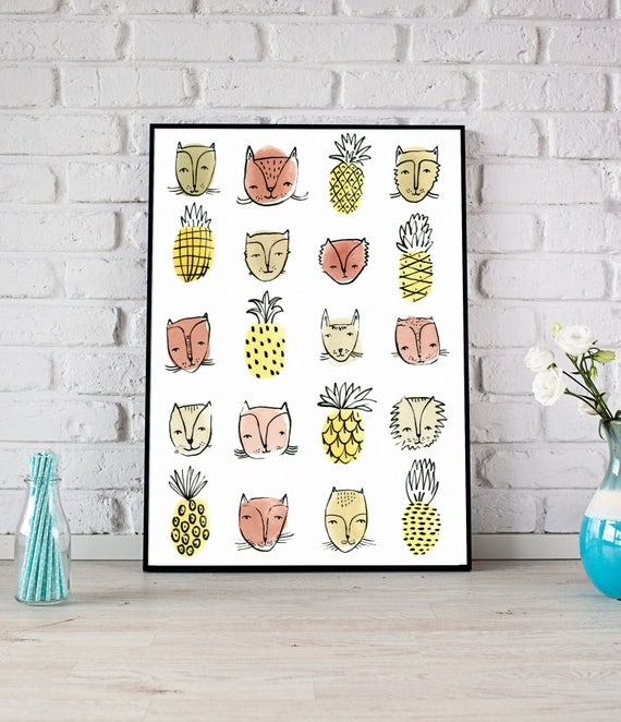 Cat Print, Pineapple Print, Watercolour Cat, Cat Poster, Watercolor Cat Art, Pineapple Watercolour Print, Cat Art, Cat Illustration, Cats
