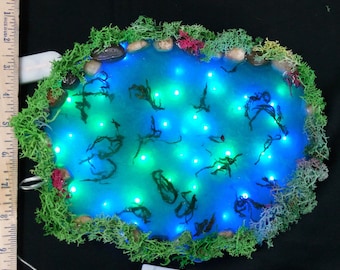 May include: A miniature pond with a blue resin base and green moss around the edges. The pond is lit with small white LED lights.