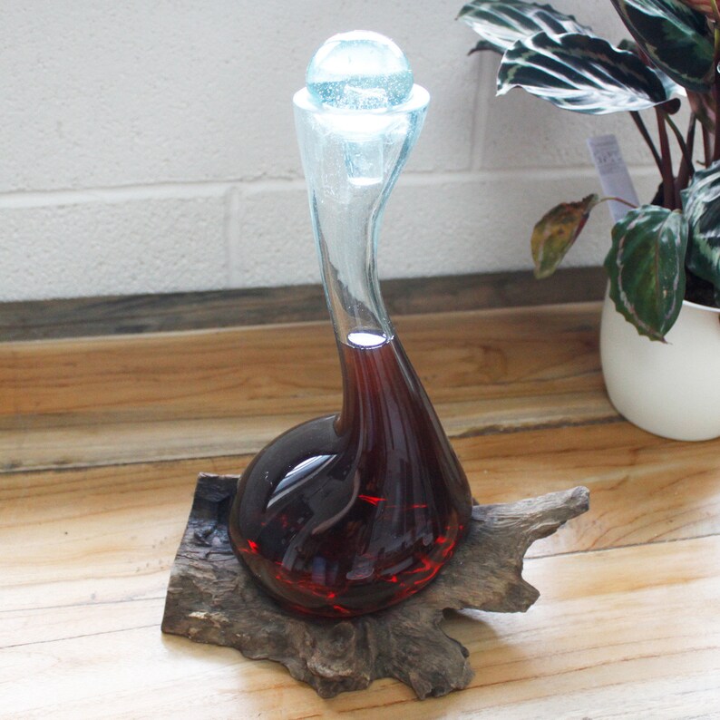 Molten Glass on Wood Wine Decanter Swan Neck Bottle & Ball image 0