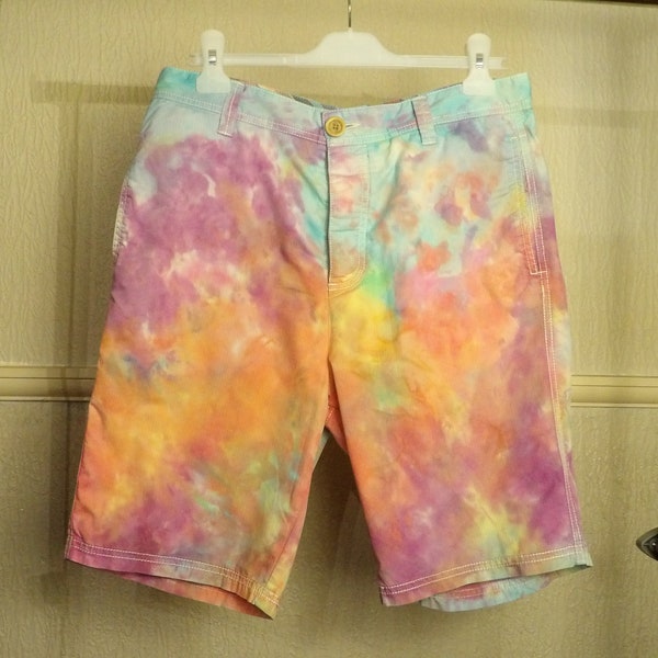 Multicolour Rainbow Space Dye / Tie Dye Shorts Size 32 Unisex style, pinstripes Just above Knee Length Unique OOAK Upcycled Handmade UK T17