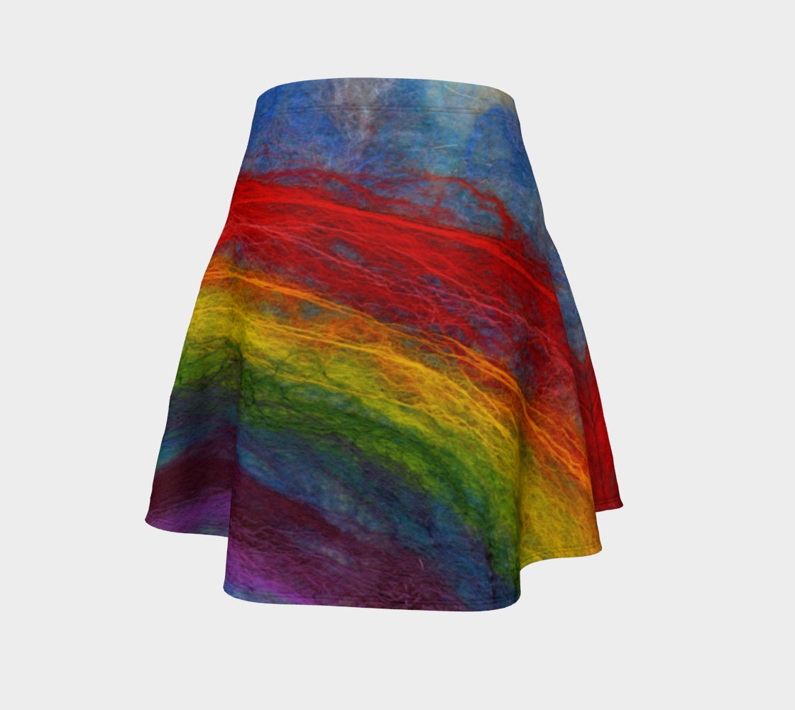 Image of Rainbow Limited Edition Art Print Flare Skirt. Handmade To Order. Silky Smooth Micro Knit Fabric & Guaranteed Quality Print. Quick Dry