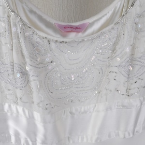 Vintage Beaded Wedding Dress Early 90&#39;s Empire Line Full Length Lined White Gown with Pretty Beaded bodice top, satin ribbon detail, flowers
