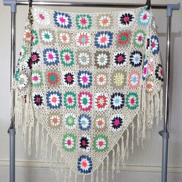 Granny Squares Crochet Shawl Handknit Triangle Scarf, Tassle Cape. Choice of 3 White,Cream or Black with Multi Colours 175x85cm Soft & Warm