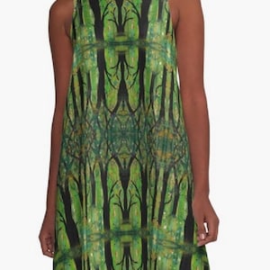 Woodland Sanctuary A-Line Summer Dress Limited Edition Spring Green Forest Art Print, UK artist, Sleeveless Lightweight Ideal for Travel