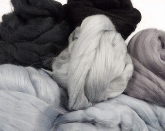 Merino Wool Tops 50g Greys Palette Mix. Pure Merino Roving for Felting, Spinning, Fiber Art, Weaving, Great Craft Material