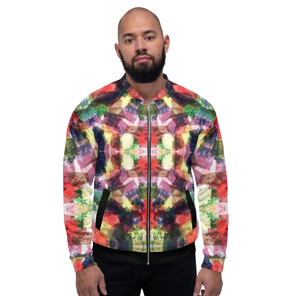 Image of Kaleidscope Design Unisex Bomber Jacket By Alchemyarts. Zip Front Handmade Uk