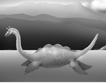 Puede incluir: Una ilustración en blanco y negro del monstruo del Lago Ness nadando en el agua con un castillo a lo lejos. La criatura tiene un cuello largo, aletas y un lomo texturizado. El texto dice: The Loch Ness Monster - Nessiteras rhombopteryx - "Nessie" or "an Niseag" - by Peggy Edwards.