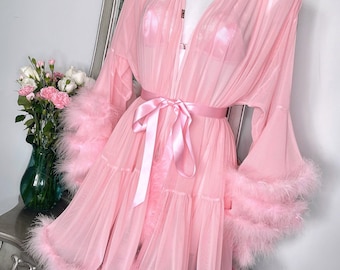 Handmade Pink Feather Trim Mesh Hollywood Robe, Bridal Boudoir Photoshoot