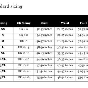 May include: A chart showing standard sizing for clothing in UK sizes. The chart lists sizes from XS to 5XL, with corresponding UK sizes, bust, waist, and full hip measurements in inches.