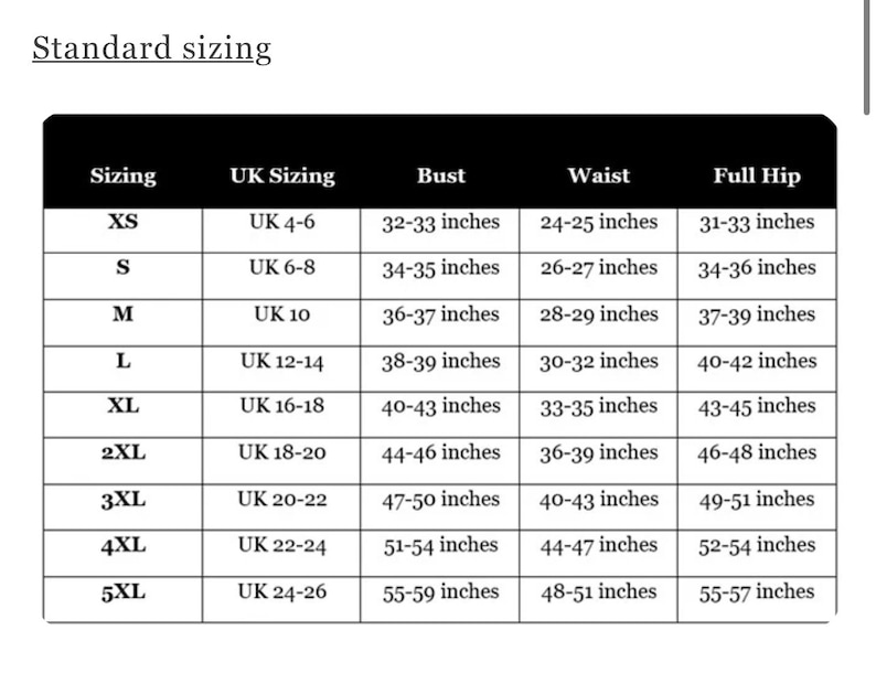 May include: A chart showing standard sizing for clothing in UK sizes. The chart lists sizes from XS to 5XL, with corresponding UK sizes, bust, waist, and full hip measurements in inches.