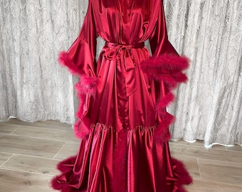 Long Crimson Satin Robe, Feather Trim, Vintage Hollywood Style
