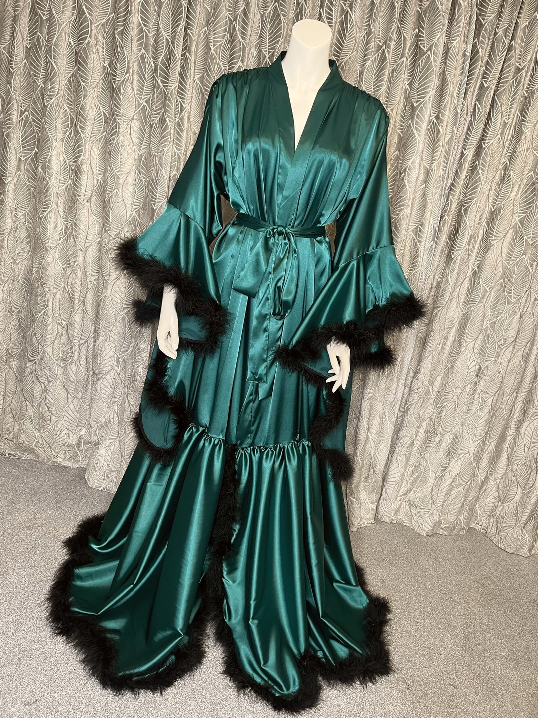 Emerald Green Feather Robe: Vintage Hollywood Style Satin Boudoir Robe ...