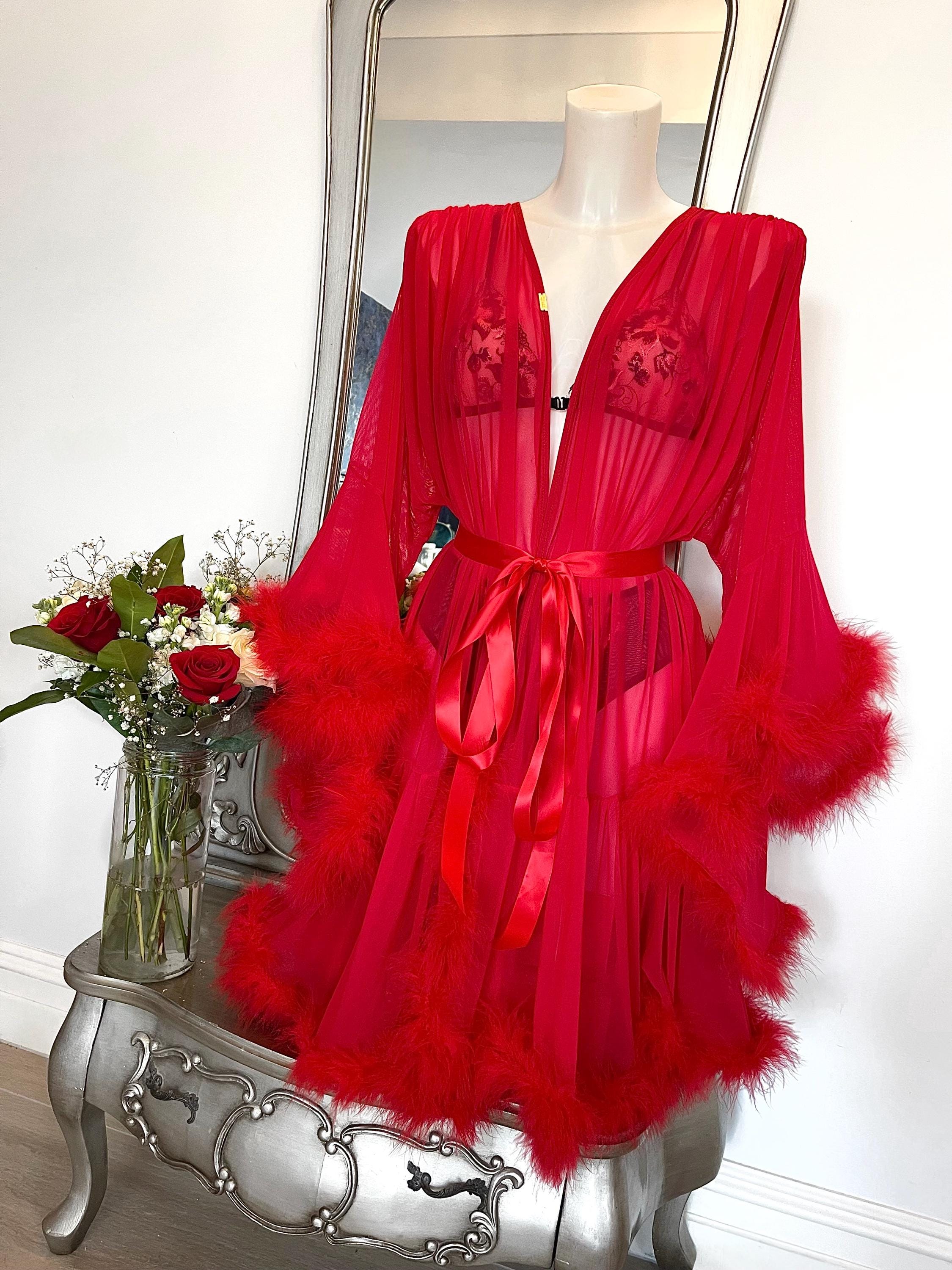 mesh dressing gown with fur trim Alkepwun Bridal Robe for Wedding Day Feather Silk Satin Sexy Sheer Mesh  Bathrobe Short Dressing Gown Boudoir Bathrobe Bridal Makeup Bridesmaids'  Morning Kimono Bathrobe