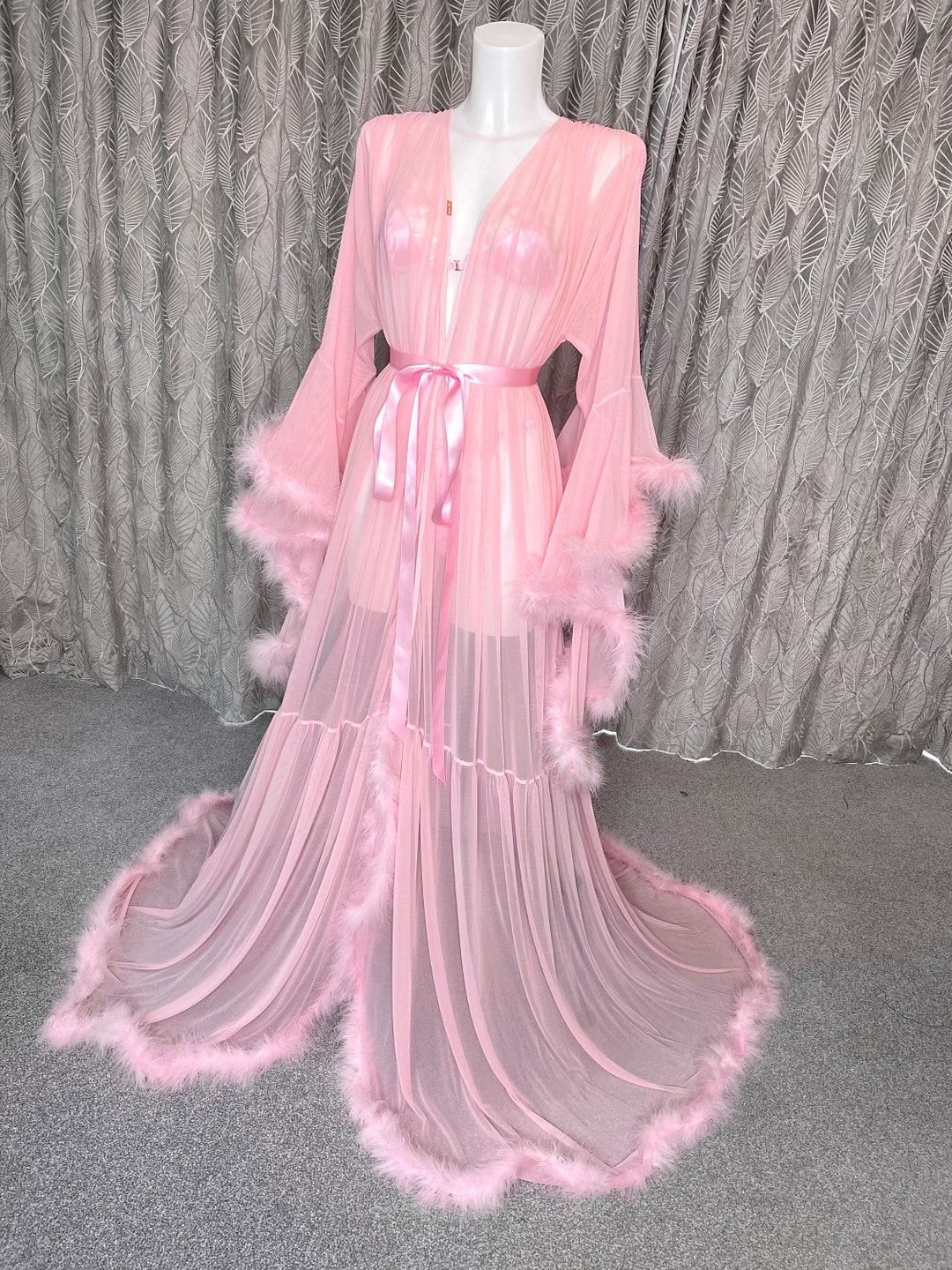 Pink Robe Bleach Pink Feather Trim Mesh Robe, Vintage Hollywood Boudoir Style - Etsy UK