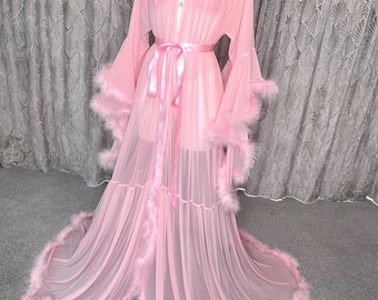 Pink Feather Trim Mesh Robe, Vintage Hollywood Boudoir Style