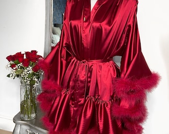 Crimson Red Satin Robe: Feather Trim, Vintage Hollywood Style