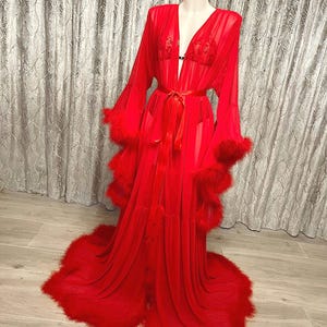 Red Feather Trim Robe: Vintage Hollywood Style Bridal Boudoir Robe image 1