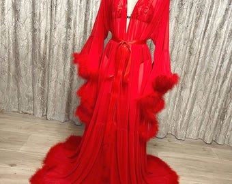 Red Feather Trim Robe: Vintage Hollywood Style Bridal Boudoir Robe