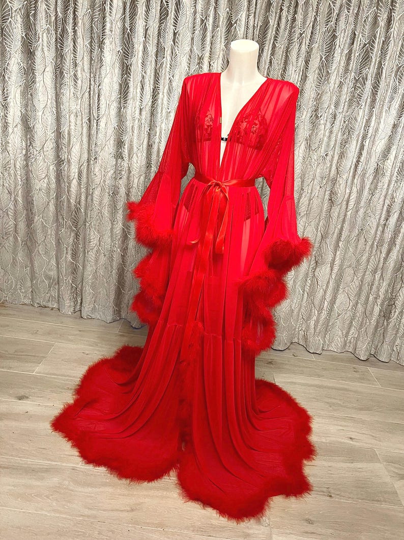 Red Feather Trim Robe: Vintage Hollywood Style Bridal Boudoir Robe image 1