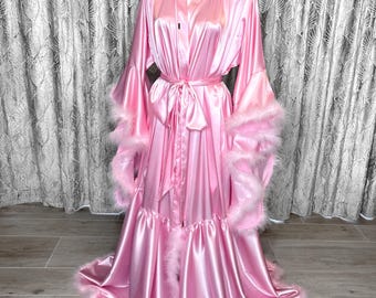 Pink Feather Robe: Long Satin Hollywood Style Bridal Boudoir Robe