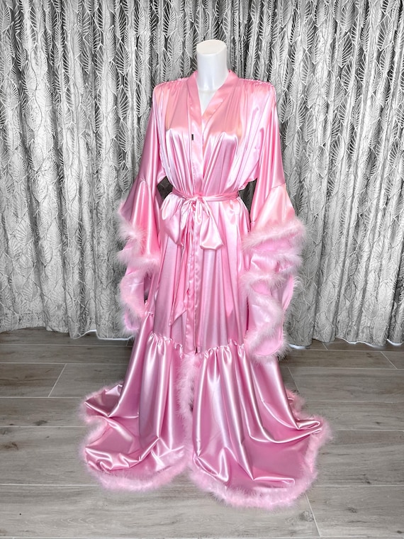 Pink Feather Robe: Long Satin Hollywood Style Bridal Boudoir Robe