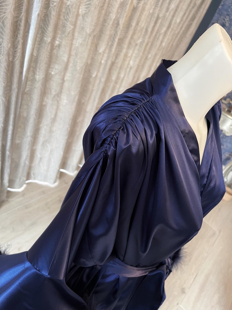 Midnight Navy Blue Satin Robe: Feather Trim, Vintage Hollywood Style - Etsy