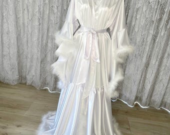 White Feather Satin Bridal Robe, Vintage Hollywood Glamour