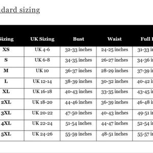 May include: A black and white chart titled "Standard sizing" with sizing information for XS to 5XL. The chart includes UK sizing, bust, waist, and full hip measurements in inches. The text is in a sans-serif font.