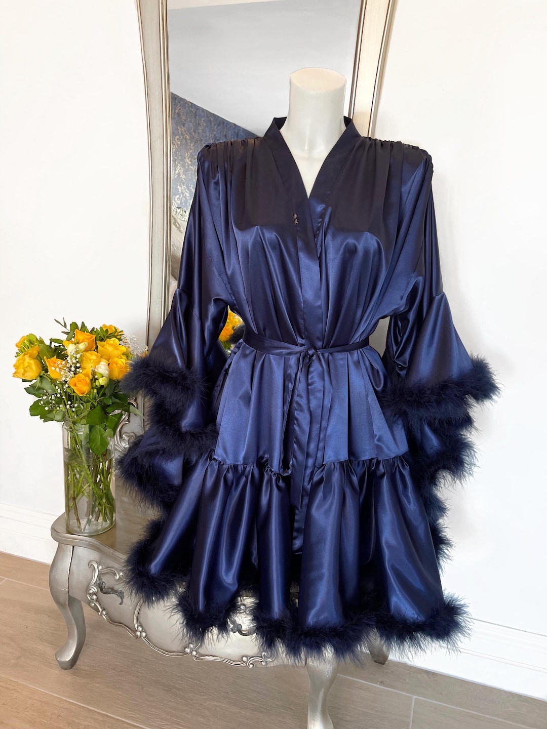Short Navy Satin Feather Trim Robe, Vintage Hollywood Style Boudoir ...