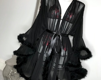 Black Feather Trim Mesh Robe, Vintage Hollywood Boudoir, Photoshoot Ready