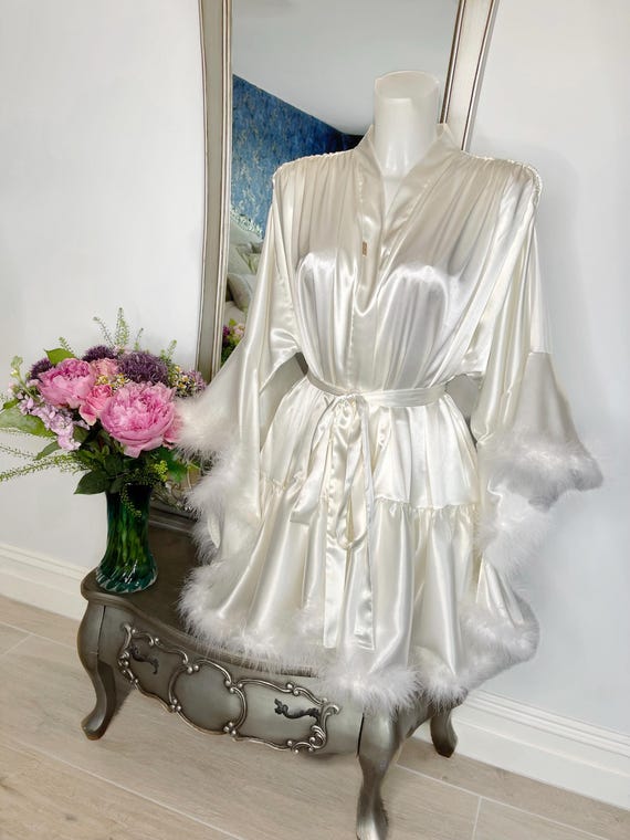 Short Ivory Feather Bridal Robe: Vintage Hollywood Style Satin Boudoir Robe